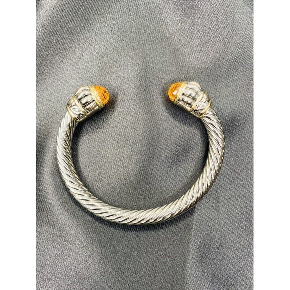 Mogul Style Gripoix Silver Tone Twisted Cable Cuff Bracelet With Cabochon Ends - Picture 9 of 11